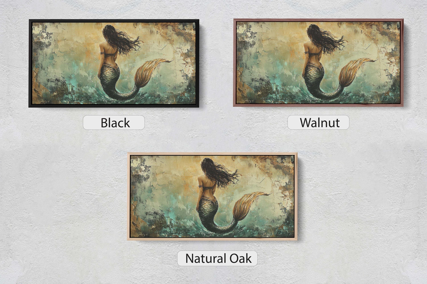 three pictures of a mermaid with long hair