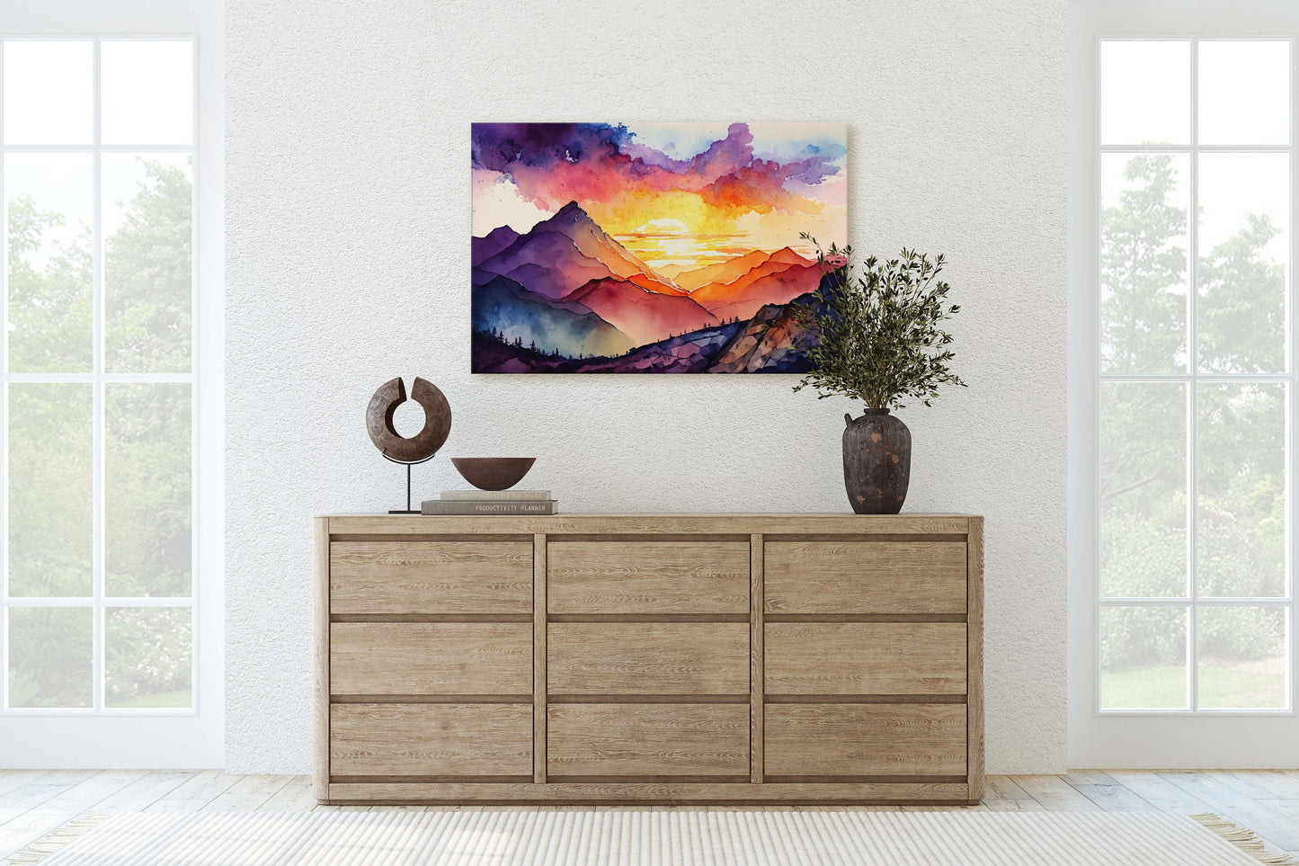 Watercolor mountains, Colorful sunset, Canvas Art, Large Print, Painting, Landscape, vibrant colors, dramatic landscape, living room