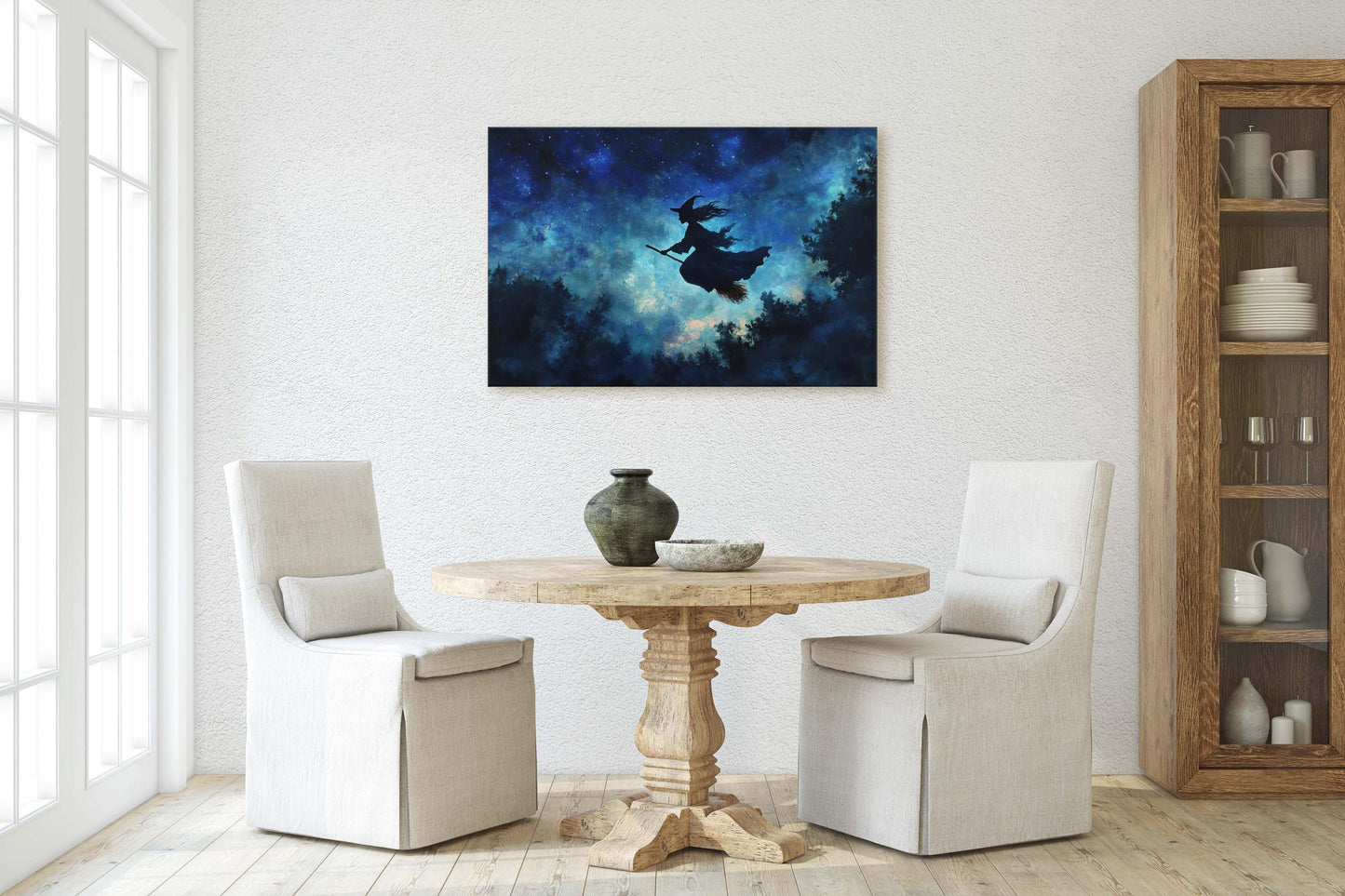 Flying Witch, Witch on Broomstick, Whimsical Decor, Halloween Art, Star Sky, Forest Night