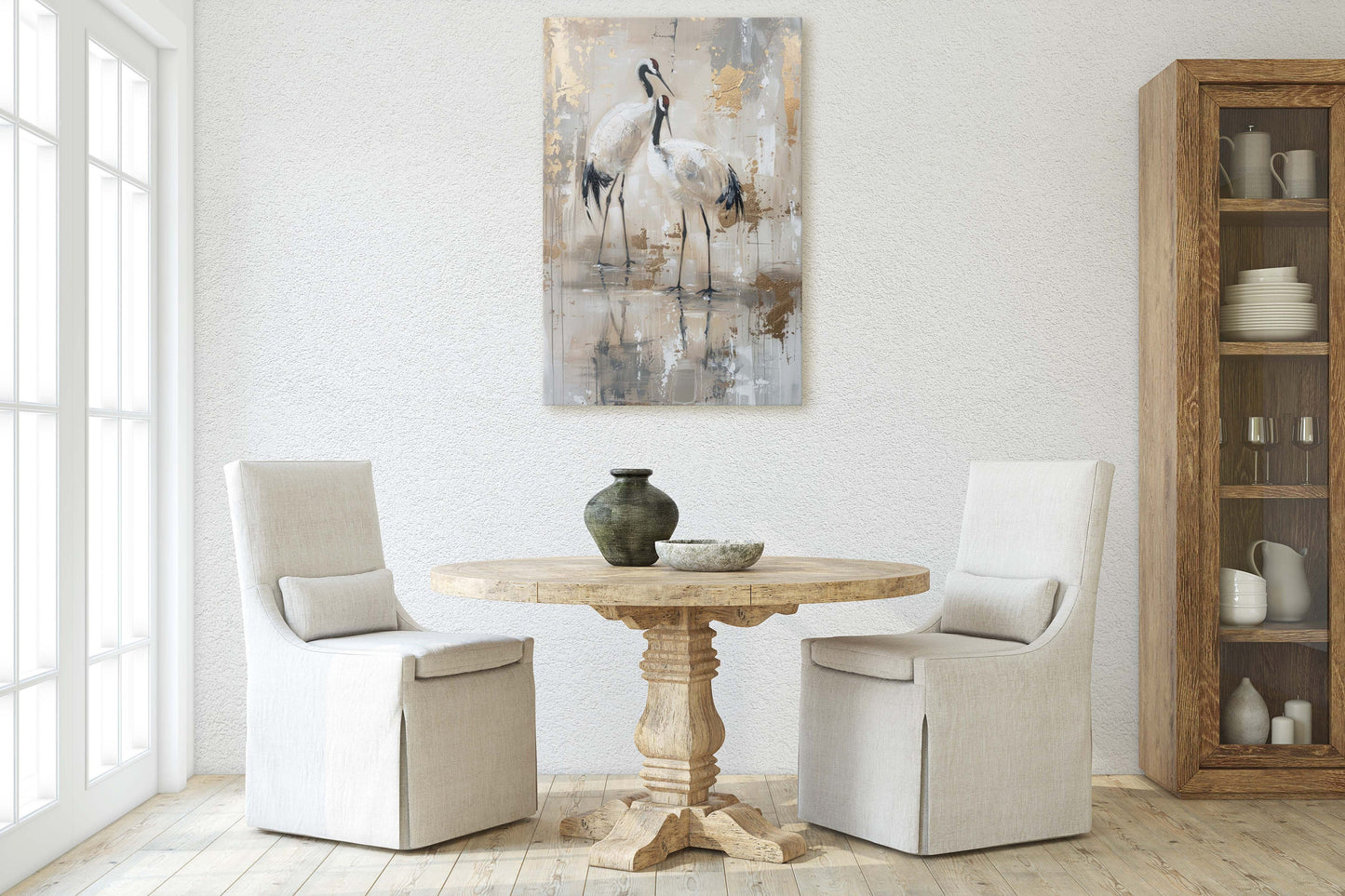 Gold Japanese Cranes, Gold and Beige, Minimalist Art, Heron Decor, Framed Canvas, Japandi Print, Extra Large, Neutral Tones