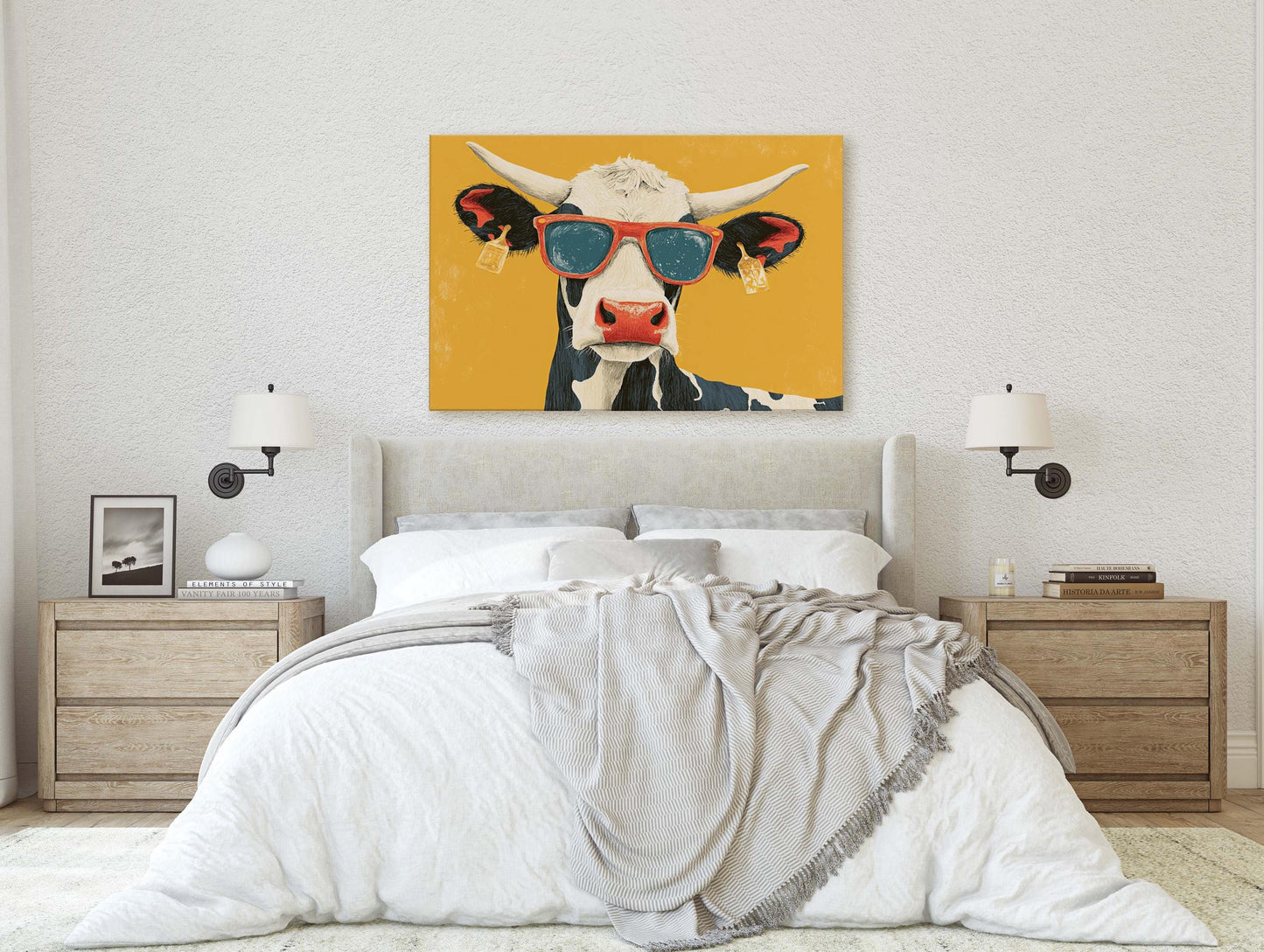Hipster Cow, Pop Art, Street Art, Graffiti Painting, Animal Sunglasses, Yellow, Fun Quirky, Large Art Print, Kids Room, Boys Room