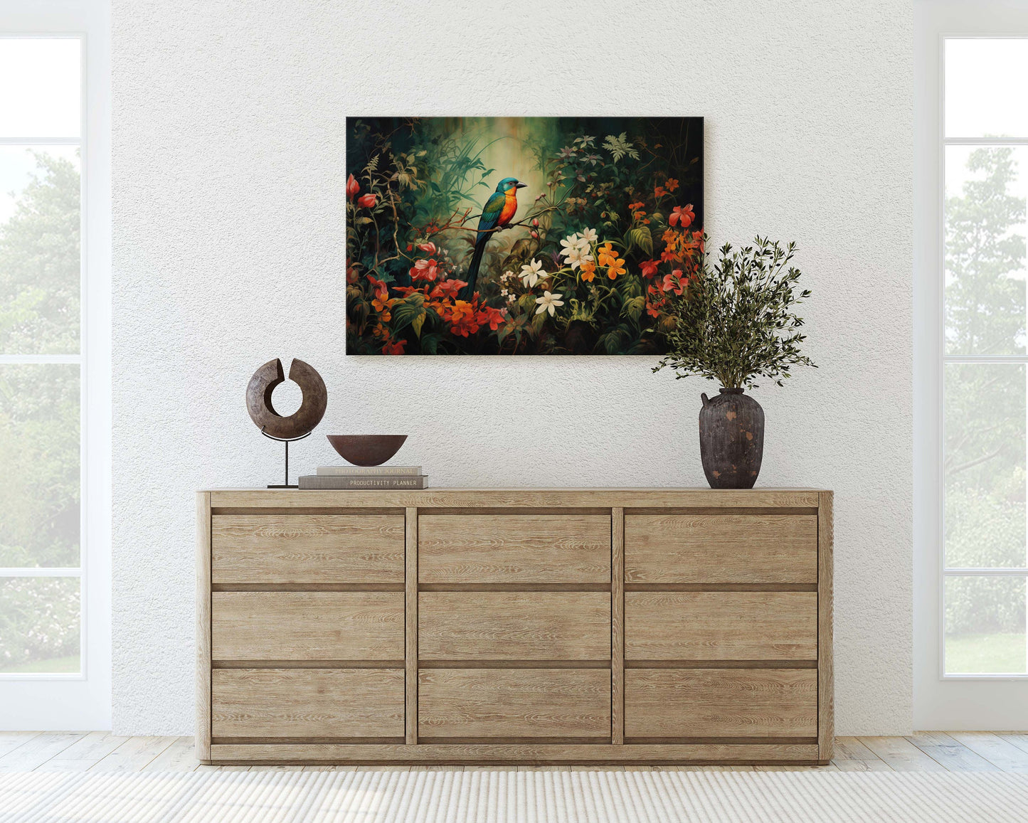 Jungle Bird Painting, Jungle Art, Green Jungle, Framed Canvas, Large Print, Beautiful Bird, Flower Jungle, Tropical Forest, Rainforest Art