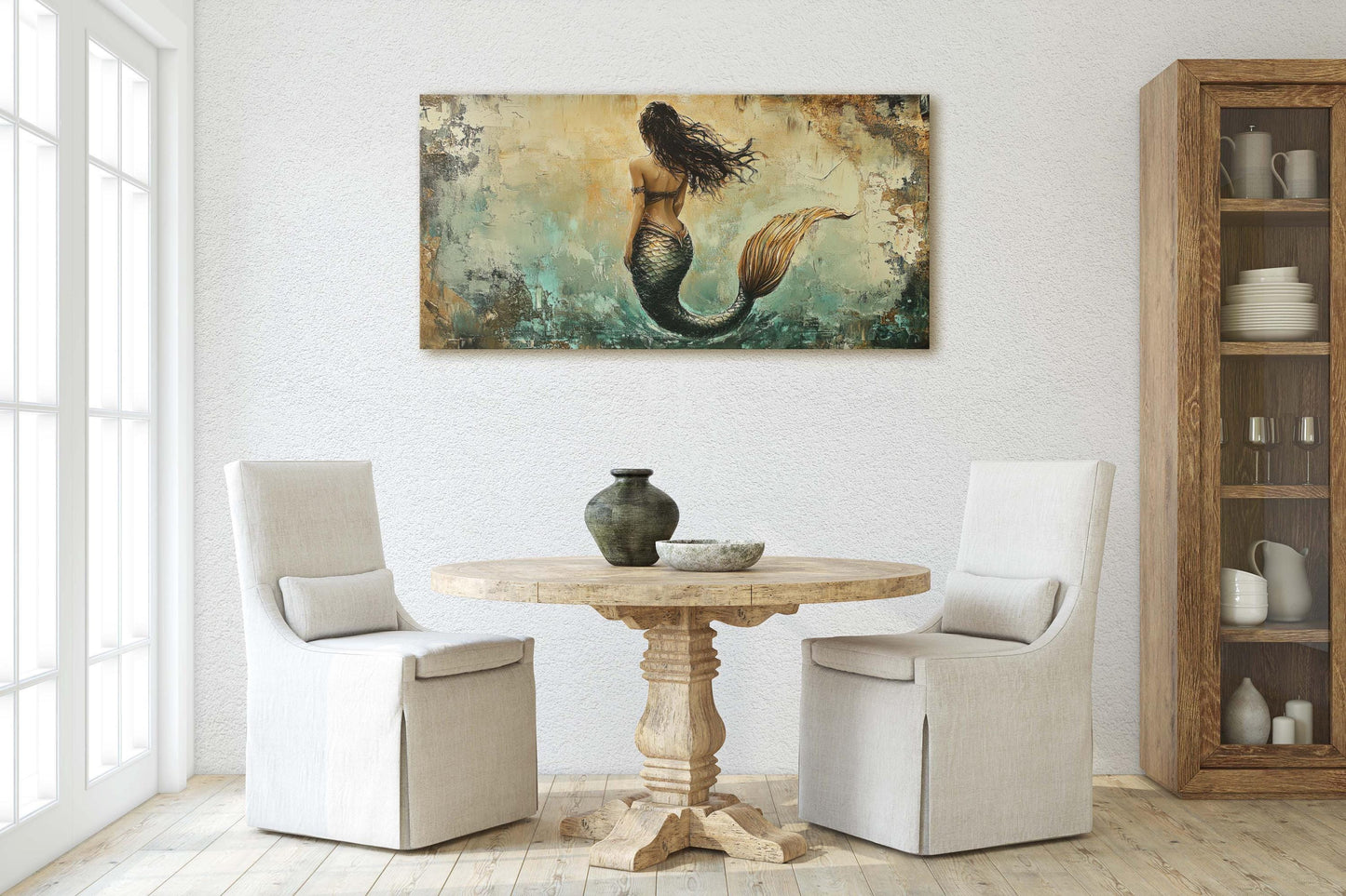 Rustic Mermaid, Faux metal art, Mythical Creature, Ocean Decor, Framed Canvas, Large Art print, Fantasy Painting