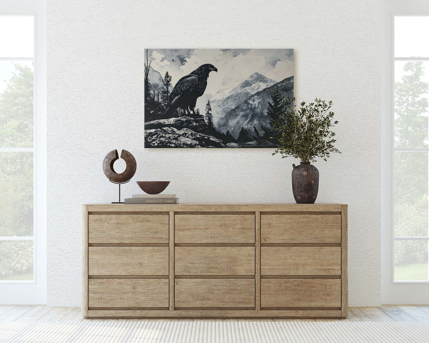 Black and White Eagle, Hawk Painting, Cabin Decor, Mountain Home Art, Framed Canvas, Eagle Painting, Mountain Range, Nature Art