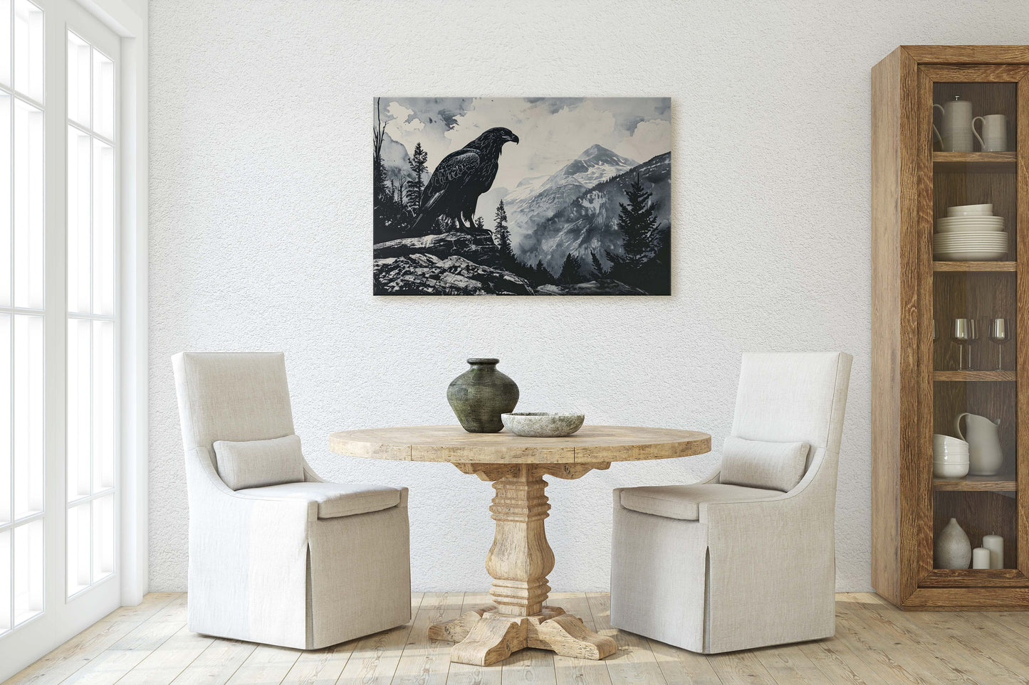 Black and White Eagle, Hawk Painting, Cabin Decor, Mountain Home Art, Framed Canvas, Eagle Painting, Mountain Range, Nature Art