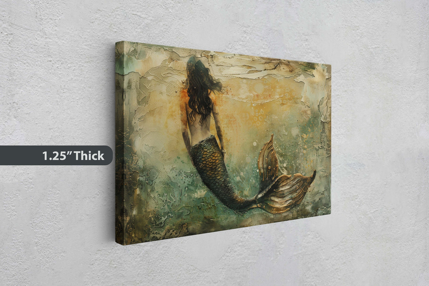 Mermaid Alone, Nautical Artwork, Ocean Decor, Mythical Creature, Fantasy Decor, Faux Metal, Framed Canvas, Extra Large Print