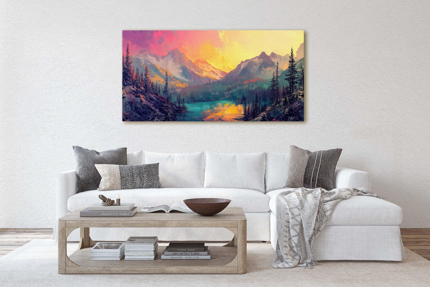 Colorful Mountain Sunrise On Canvas, Smoky Forest, Foggy Mountains, Vibrant Color, Abstract Art