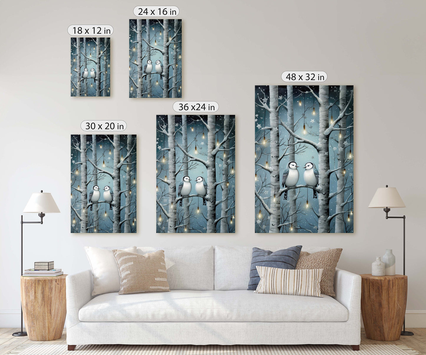 Snow Birds Painting, Winter Bird Tree, Festive Decor, Winter Season, Blue Birds, Tree Lights, Framed Canvas