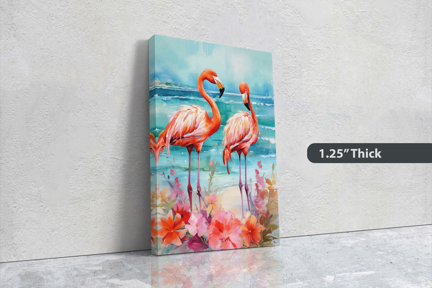 Flamingo Flowers on Canvas, Floral Bird, Beach Art, Framed Canvas, Tropical Art, Blue Water, Animal Print, Bird Lover, Vertical Portrait