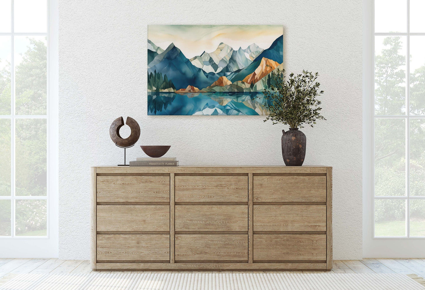 Lakeside Mountains on Canvas, Lake View mountains, Abstract Landscape, Modern Landscape, Neutral Tones, Subtle color, Watercolor Print