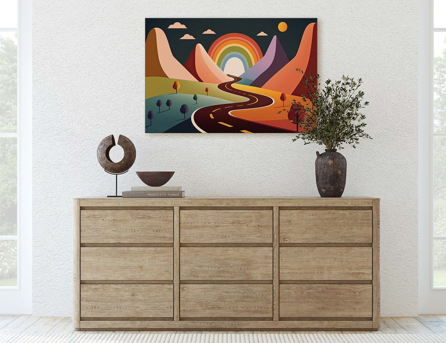 Rainbow Road, Colorful mountain, Minimalist, Canvas Art Large Print, Oil Painting, Landscape, Cartoon, Bold Illustration, Joyful