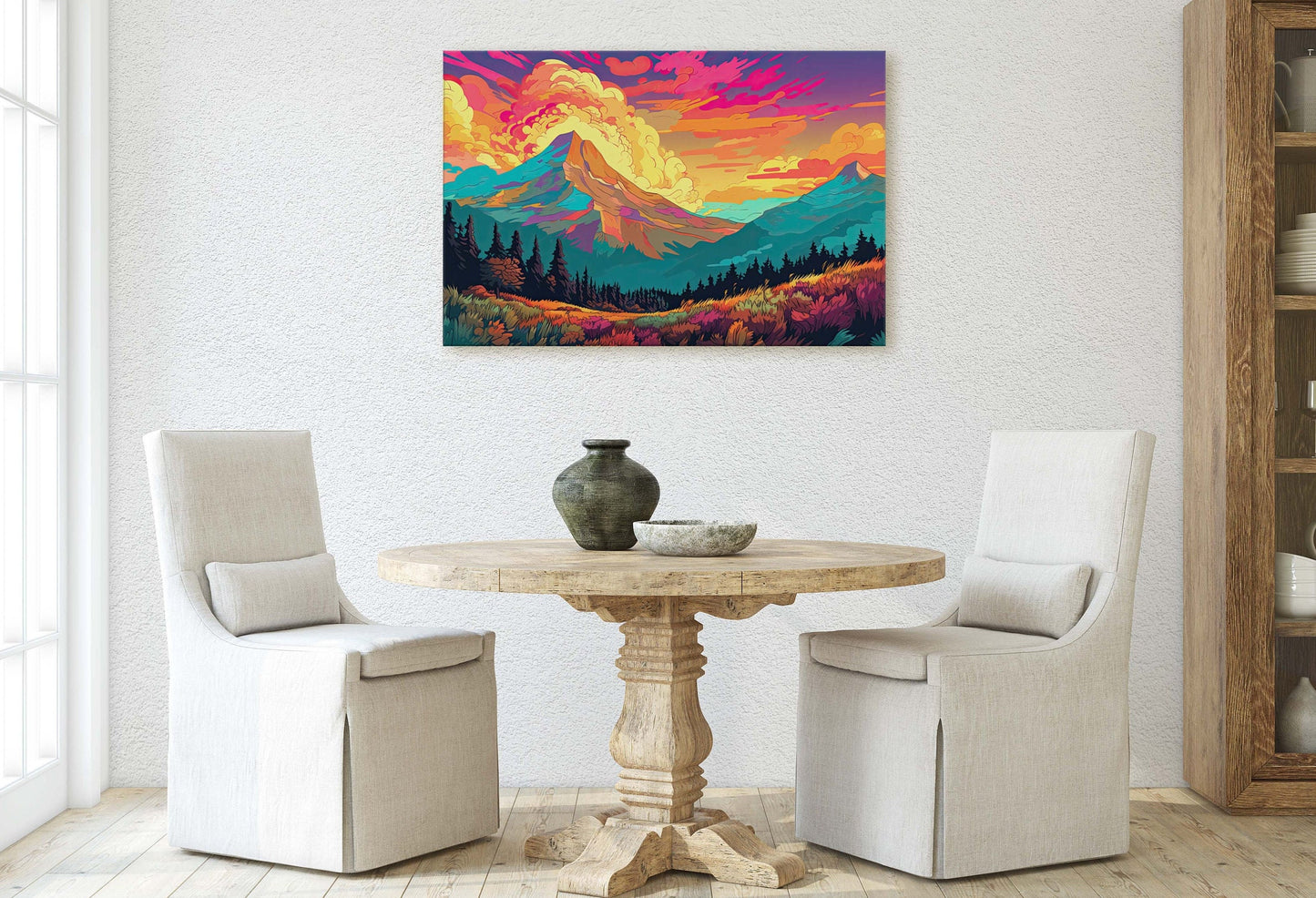 Vibrant Mountains, Colorful Illustration, Bold Colors, National Park, Framed Canvas, Cel Shading, Landscape Drawing, Toon Shading