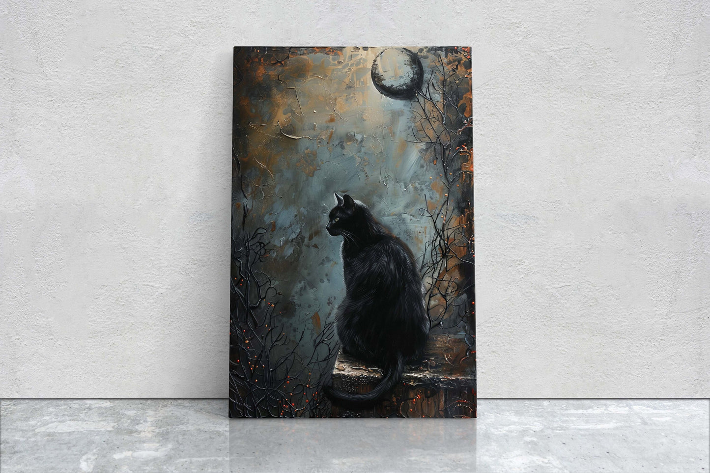 Crypt Cat, Black Cat, Creepy Decor, Framed Canvas, Halloween Decor, Gothic Art, Extra Large Print