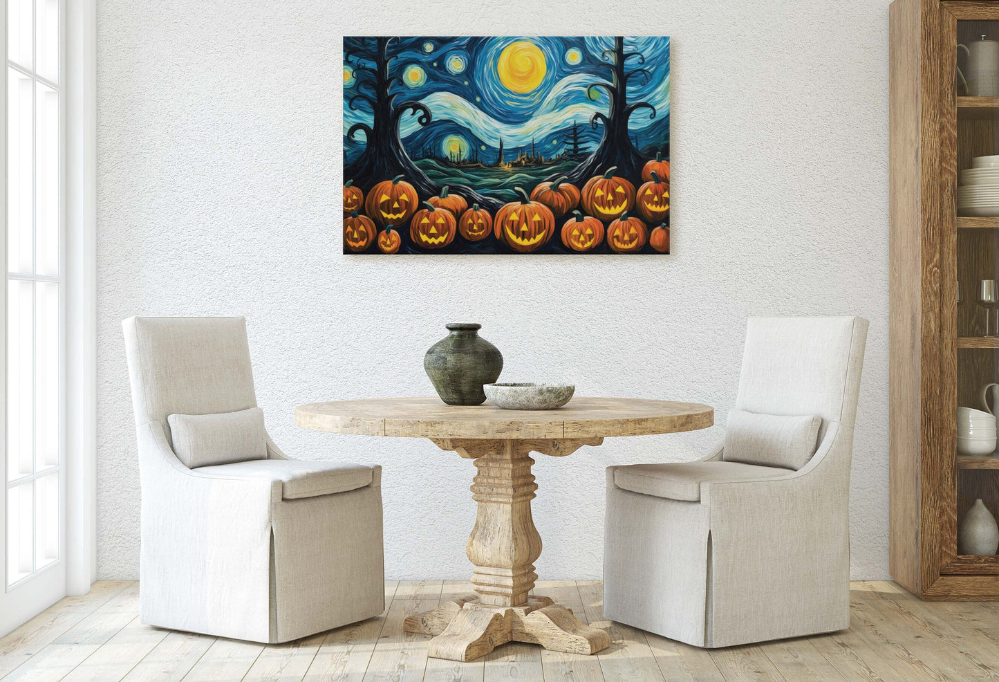 Pumpkin Patch On Canvas, Starry Night Pumpkins, Jack-O-Lantern, Van Gogh, Spooky Art, Fun Halloween, Kid Friendly, Framed Canvas