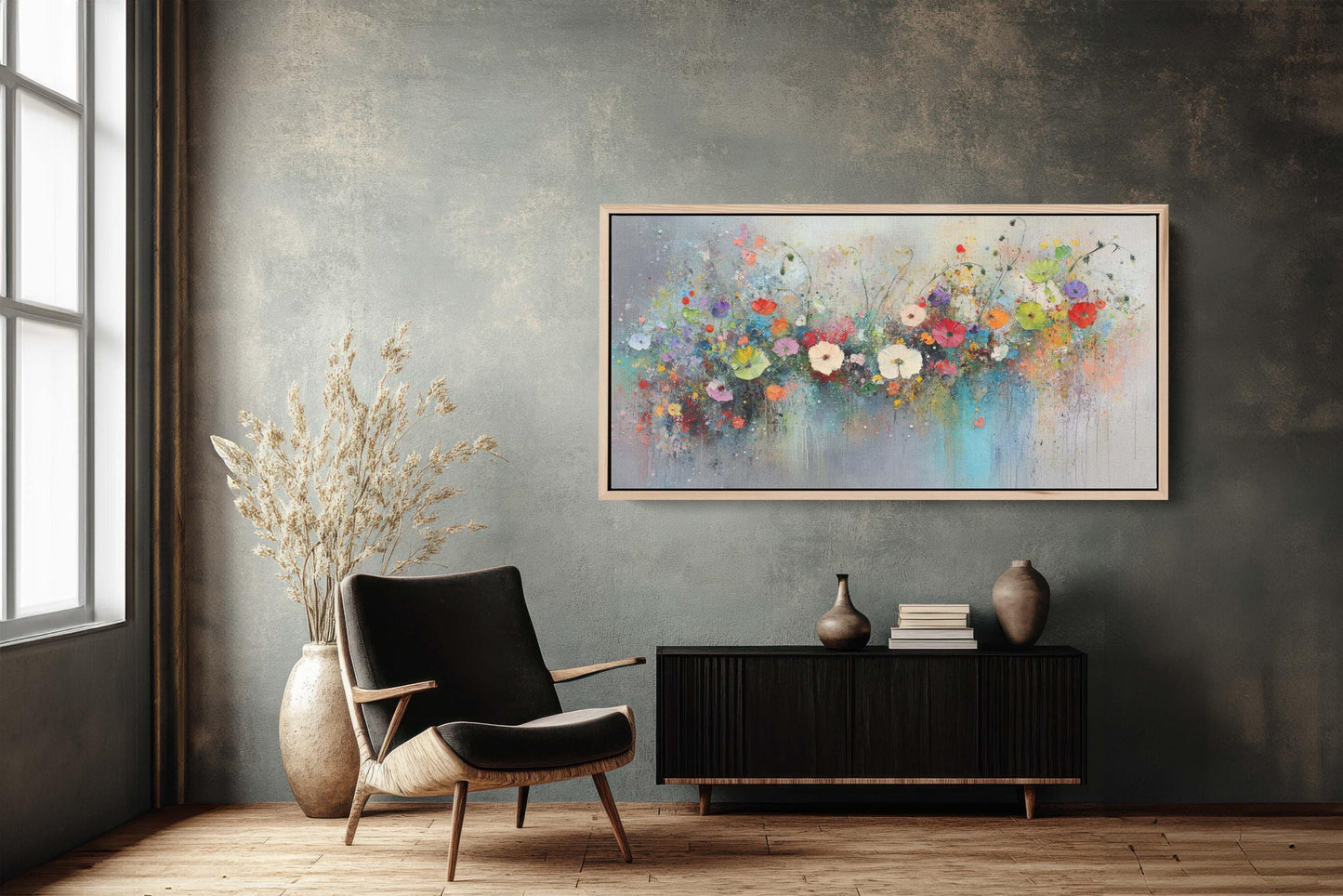Wildflowers in Rain, Flowers in Rain, Abstract Wall Art, Framed Canvas, Watercolor flowers, Floral Print, Classic, Rustic Farmhouse