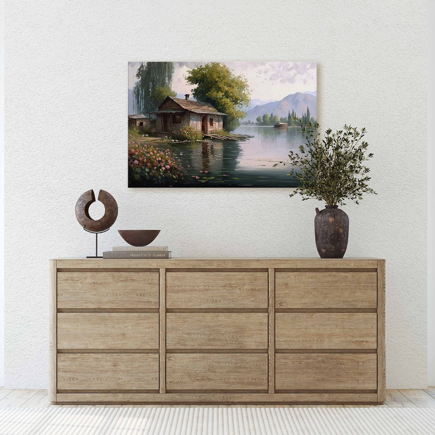 Lake Cottage Canvas Art Ready To Hang Large Print, Oil Painting, Landscape, Dali Lake India