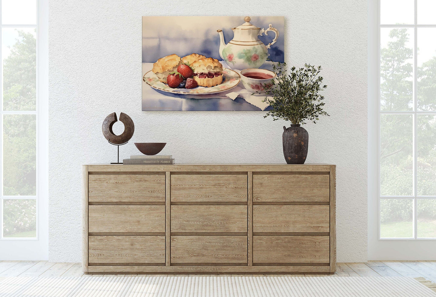 Tea and Scones, Watercolor, Food Painting, Kitchen Decor, Large Canvas, Ready to Hang, Dining Room, Canvas Print, Teapot, Baking