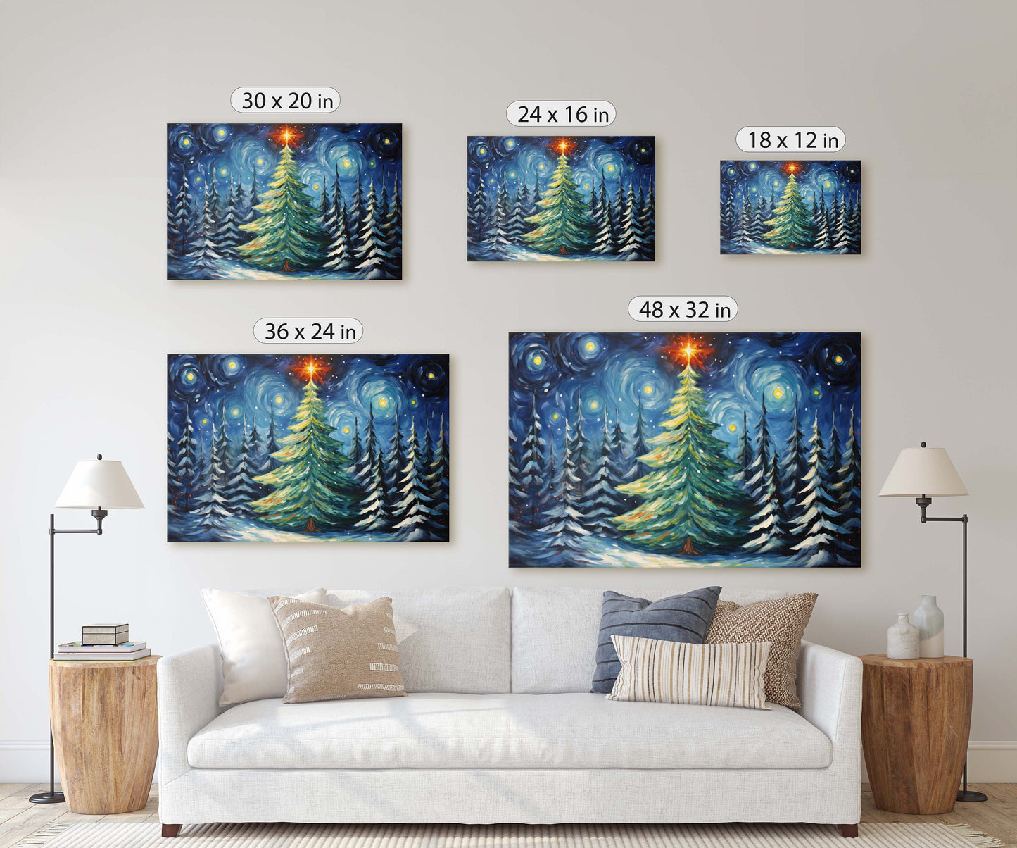 Starry Christmas Tree, Starry Night, Christmas Painting, Xmas Decor, Framed Canvas, Large Painting, Festive Print, Winter Art