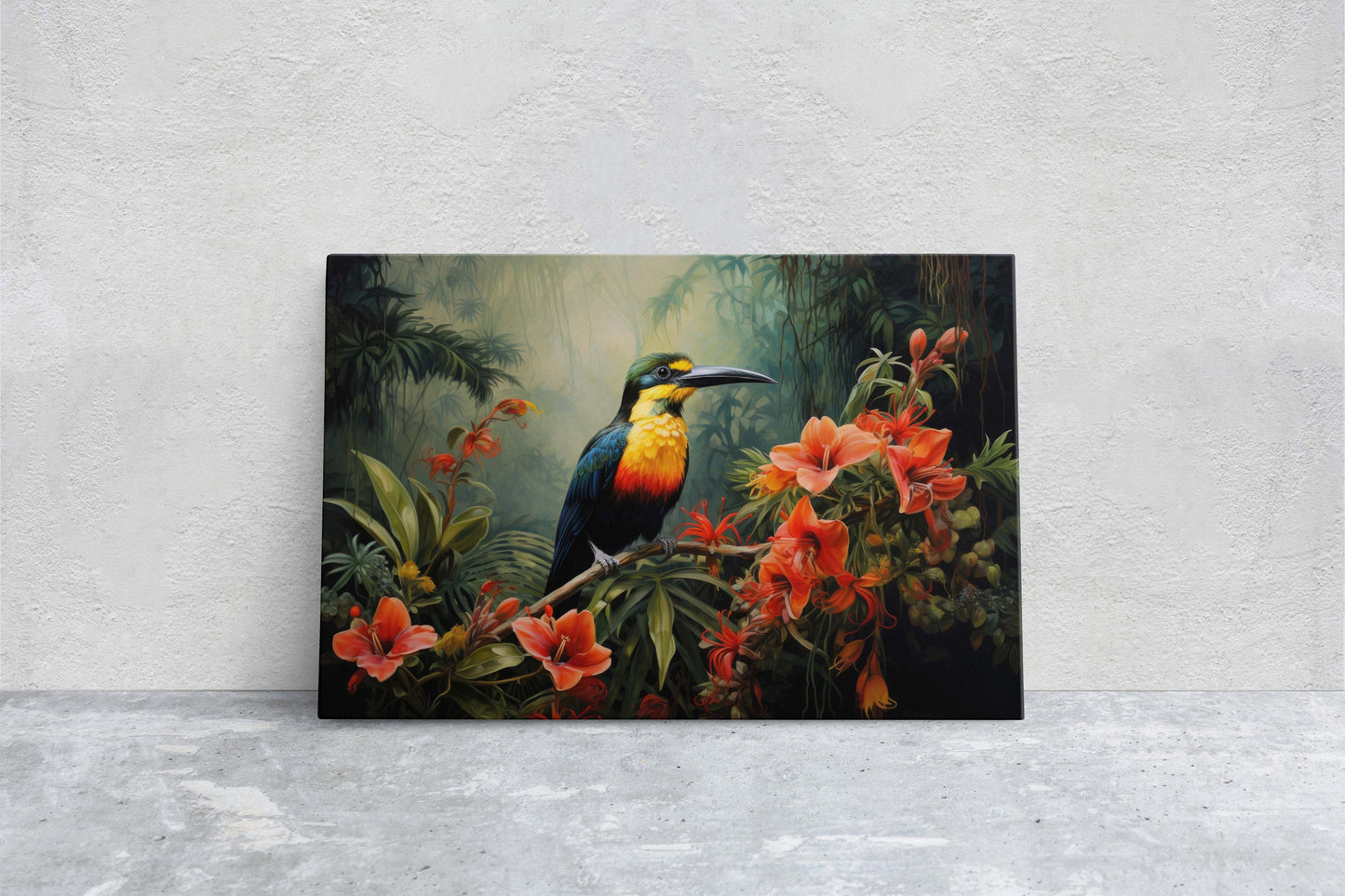 Jungle Bird Painting, Jungle Art, Green Jungle, Framed Canvas, Large Print, Beautiful Bird, Flower Jungle, Tropical Forest, Rainforest Art