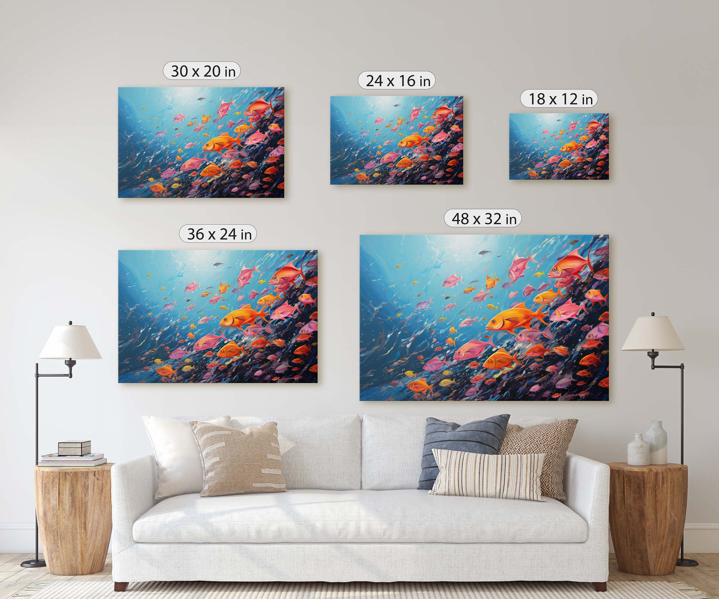 Fish School Painting, Canvas Wall Art, Abstract Blue Sea Painting, Boho Wall Décor, Custom Painting, Home Decor,Large Original,Framed Canvas