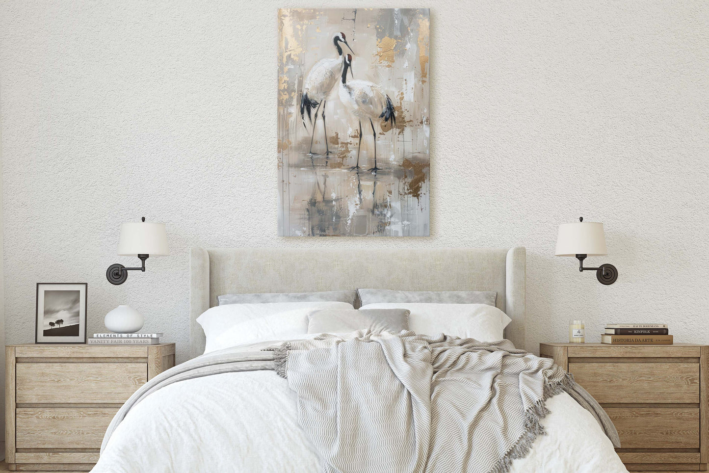 Gold Japanese Cranes, Gold and Beige, Minimalist Art, Heron Decor, Framed Canvas, Japandi Print, Extra Large, Neutral Tones