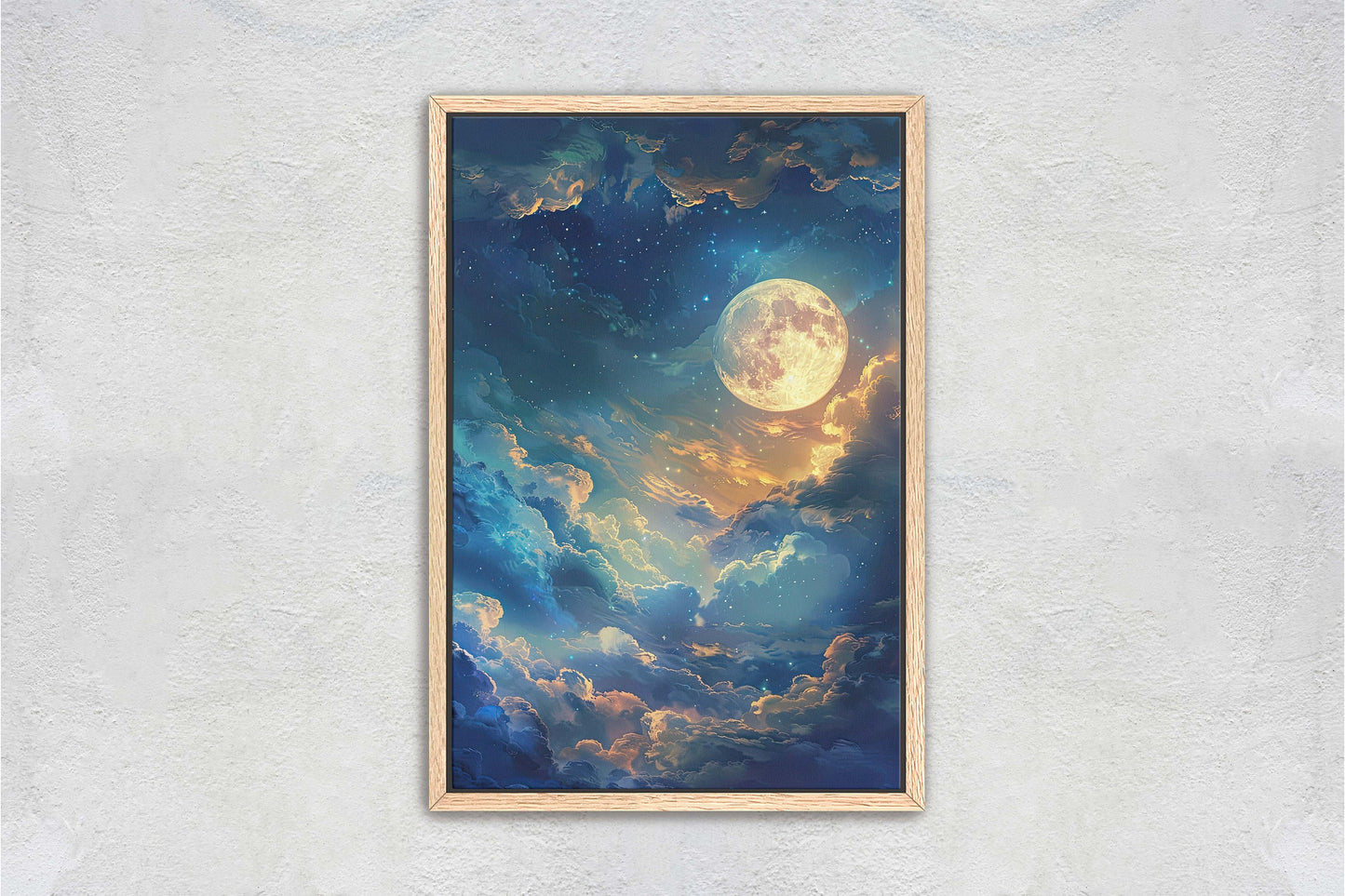 Cloudy Moon Sky, Moonlit Night, Golden Night, Full Moon Painting, Celestial Art, Nature, Retro Style
