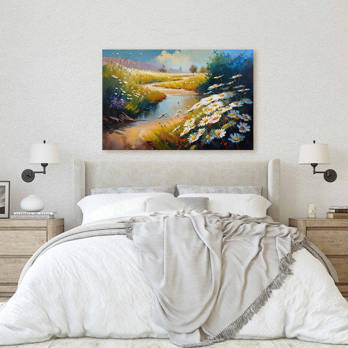 Chamomile Field, White Wildflowers, Flowers Canvas Art Ready To Hang Large Print, Oil Painting, Landscape