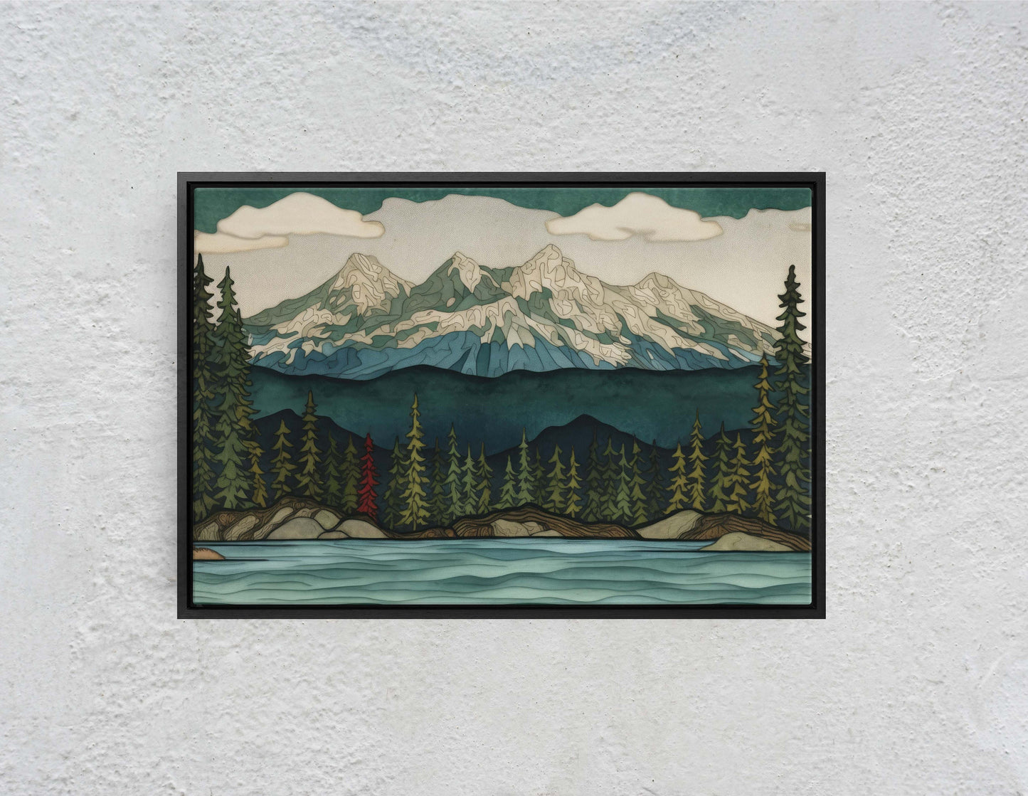 Minimalist Lake Mountain on Canvas, Scandinavian Design, Danish, Green Blue, Framed Canvas, Abstract, Simple, Landscape Painting