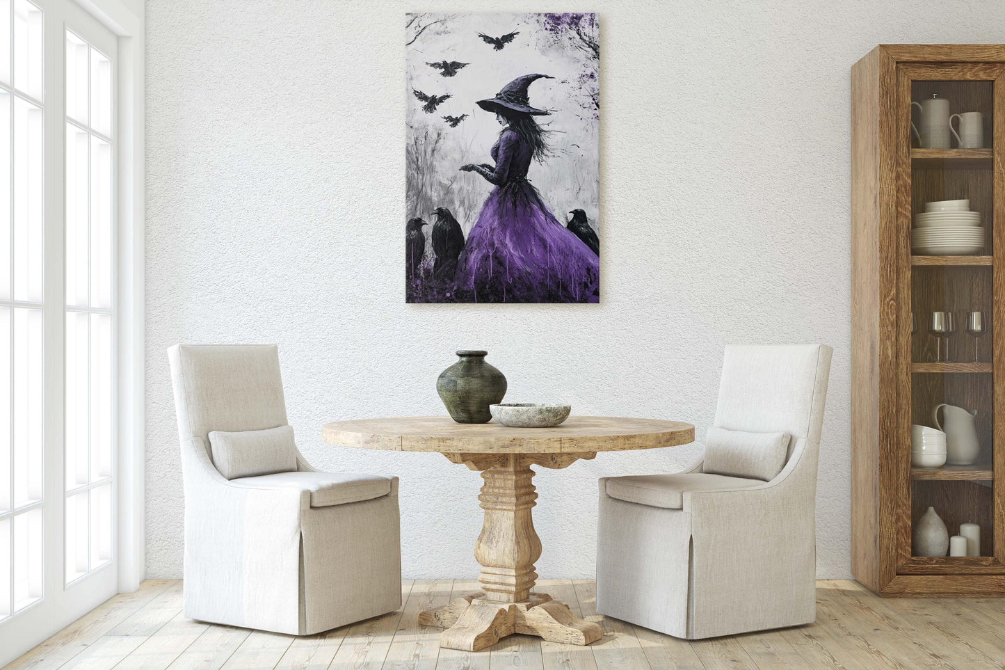 Purple Witch, Raven Art, Canvas Print, Gothic Halloween, Whimsical Decor, Halloween Art,