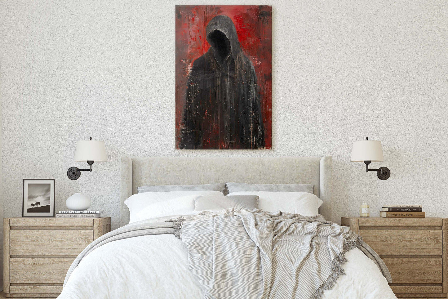 Figure of Death, Dark Robed Figure, Creepy Painting, Gothic Art, Dark Academia, Victorian Art, Red Decor