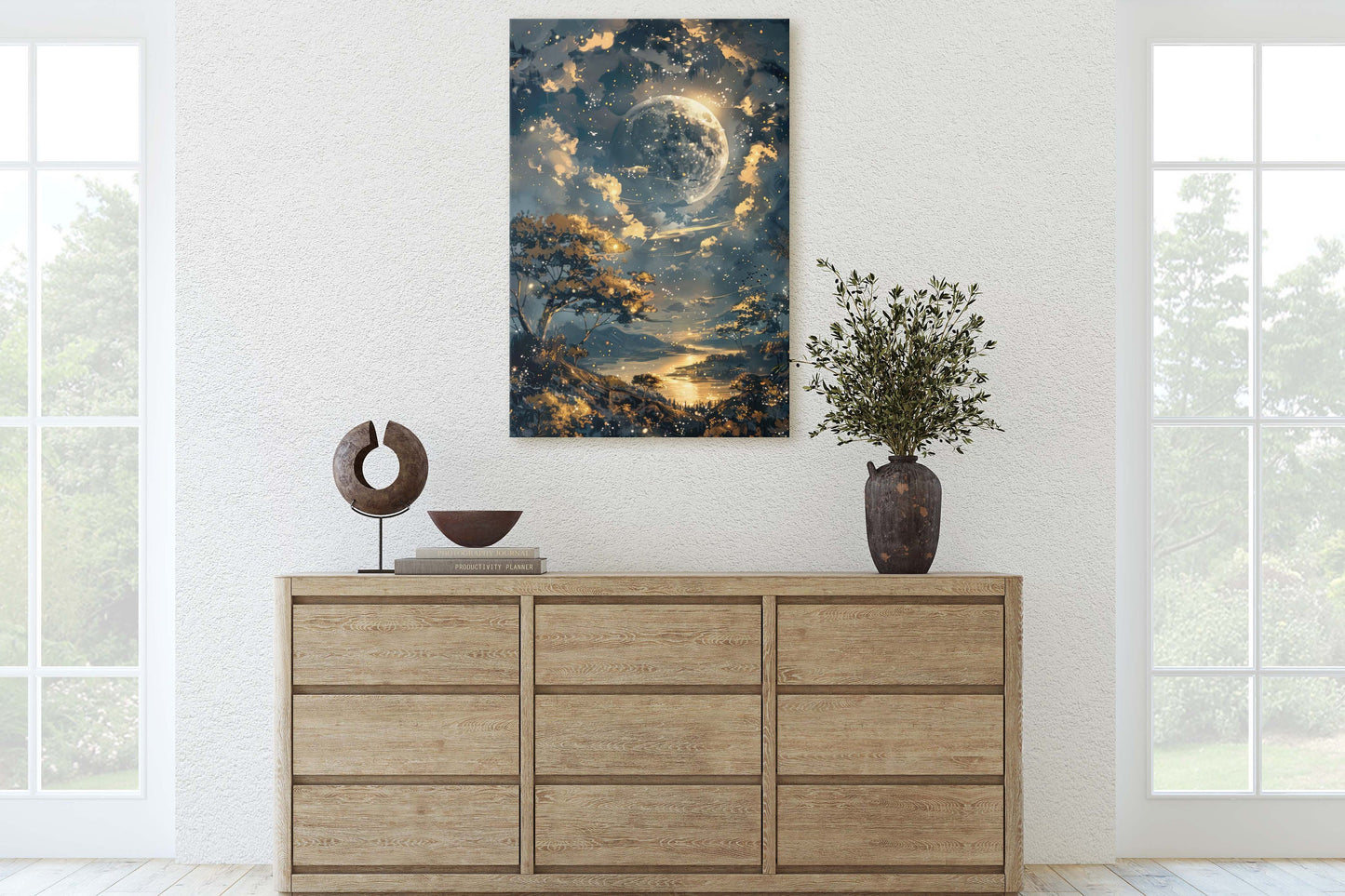 Full Moon, Celestial Painting, Night Sky, Golden Glow, Majestic Landscape, Framed Canvas, Large Art Print