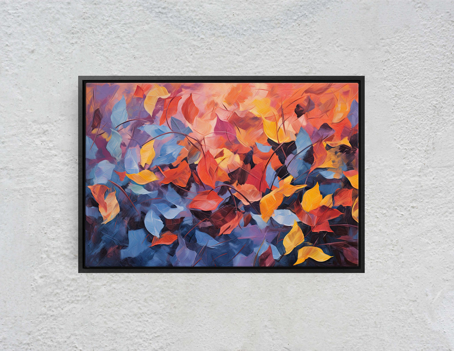 Abstract Leaf Print, Fall Leaves, Autumn,Red Orange Canvas, Fine Art, Modern Artwork, Contemporary Print, Framed Canvas