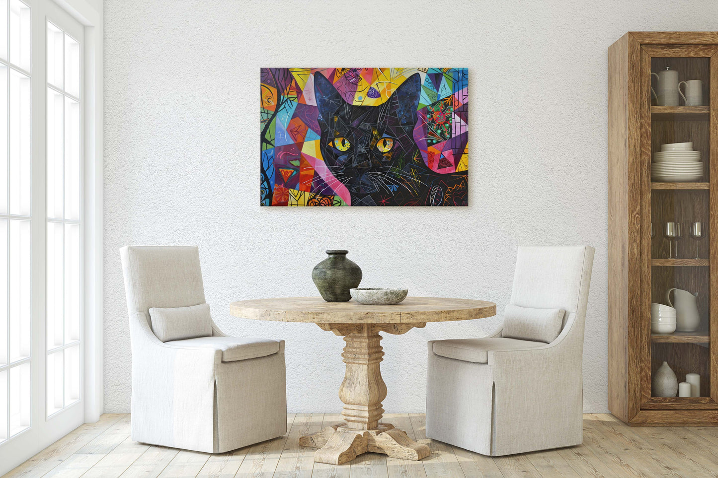 Geometric Cat Art, Whimsical Colorful, Abstract Cat, Pop Art, Large Art Print, Framed Canvas, Black Cat, Cat Lover, Animal Art