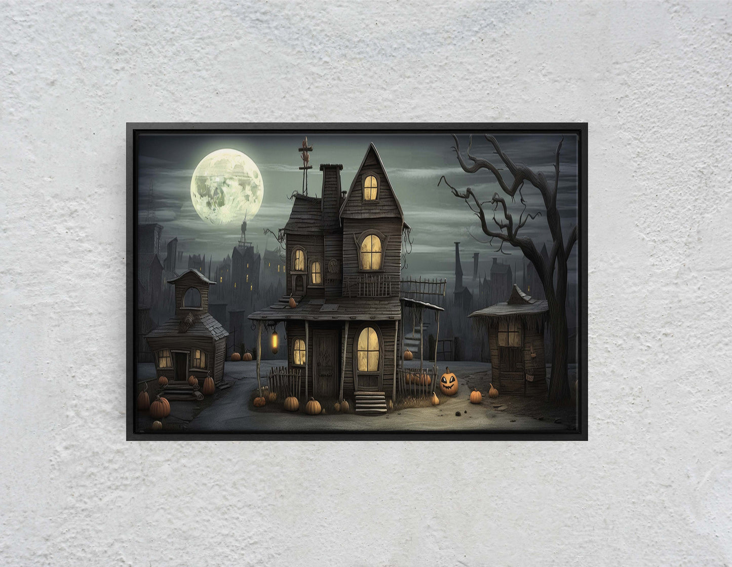 Spooky Mansion, Halloween House, Gothic Home, Scary House, Moonlit Black, Framed Canvas, Creepy cute, Spooky house Art