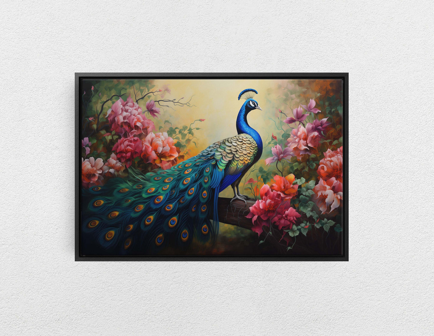 Peacock Painting, Pink Flowers, Colorful Art, Bird Decor, Framed Canvas, Large Print