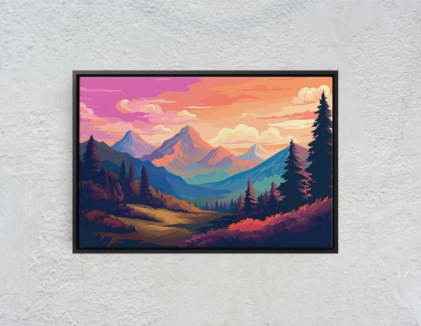 Mountain Sunset on Canvas, Vivid Color, Forestpunk, Bold Color, Illustration animation, cyberpunk landscape, Large Print
