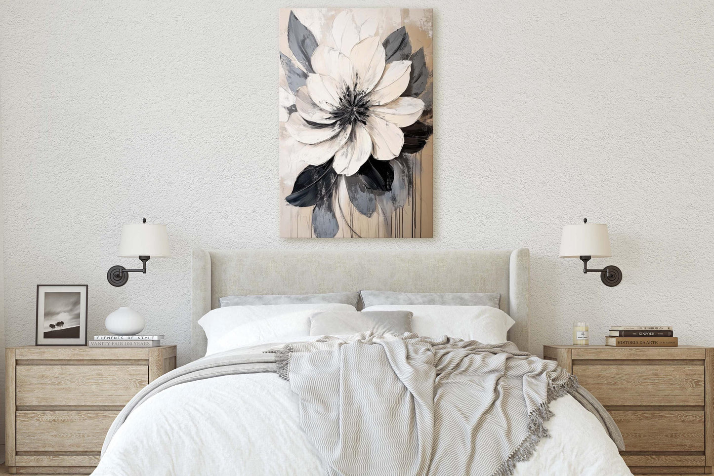 Flower Painting, Black White Flower, Contemporary Art, Beige Black White