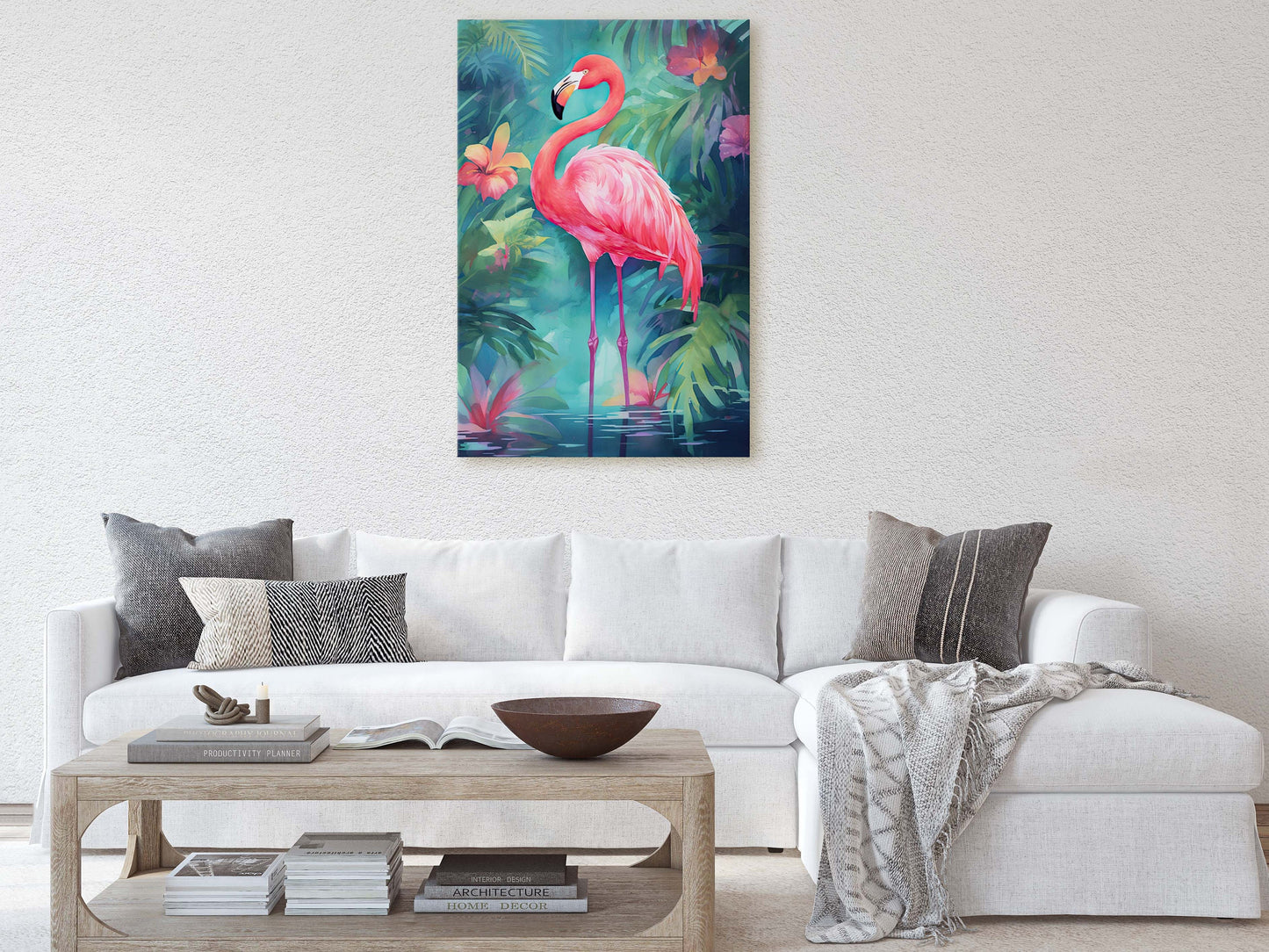 Flamingo on Canvas, Tropical Bird, Botanical Animal, Framed Canvas, Pink Green, Vertical Portrait, Exotic Bird