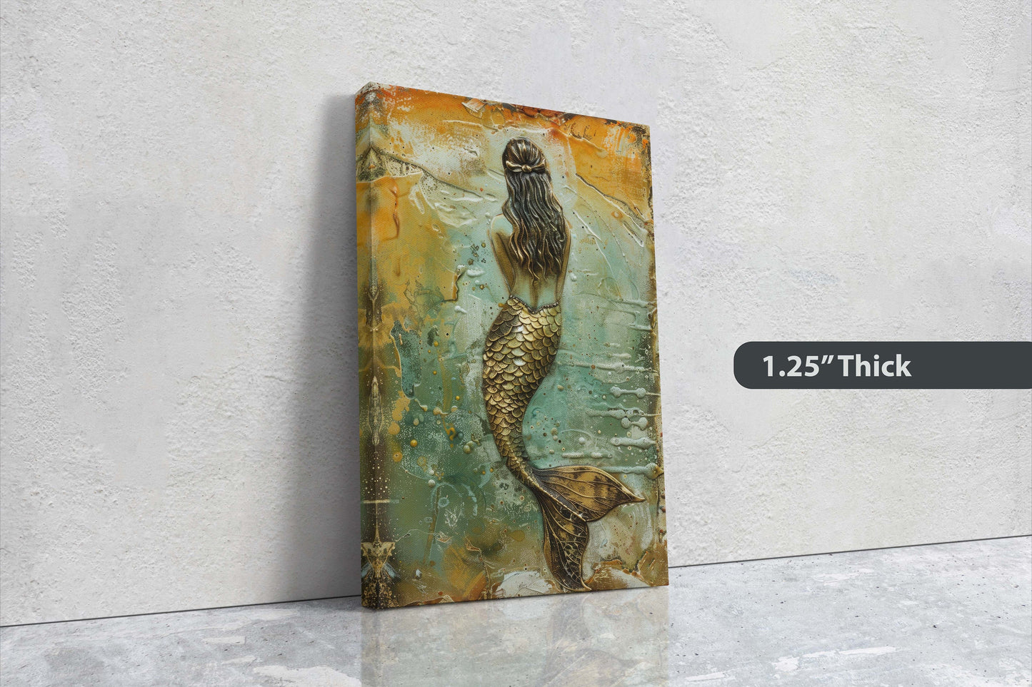 Rustic Mermaid, Faux metal art, Mythical Creature, Ocean Decor, Framed Canvas, Large Art print, Fantasy Painting