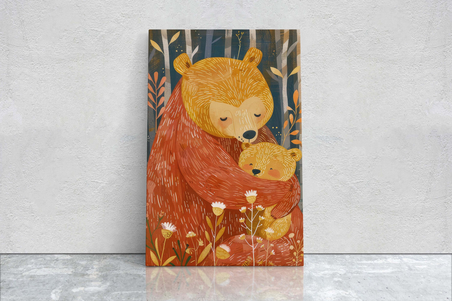 Mama Bear, Bear and Cub, Mom and Child, Dad and Baby, Kids Room, Nursery Decor, Illustration Painting, Framed Canvas, Large Art Print