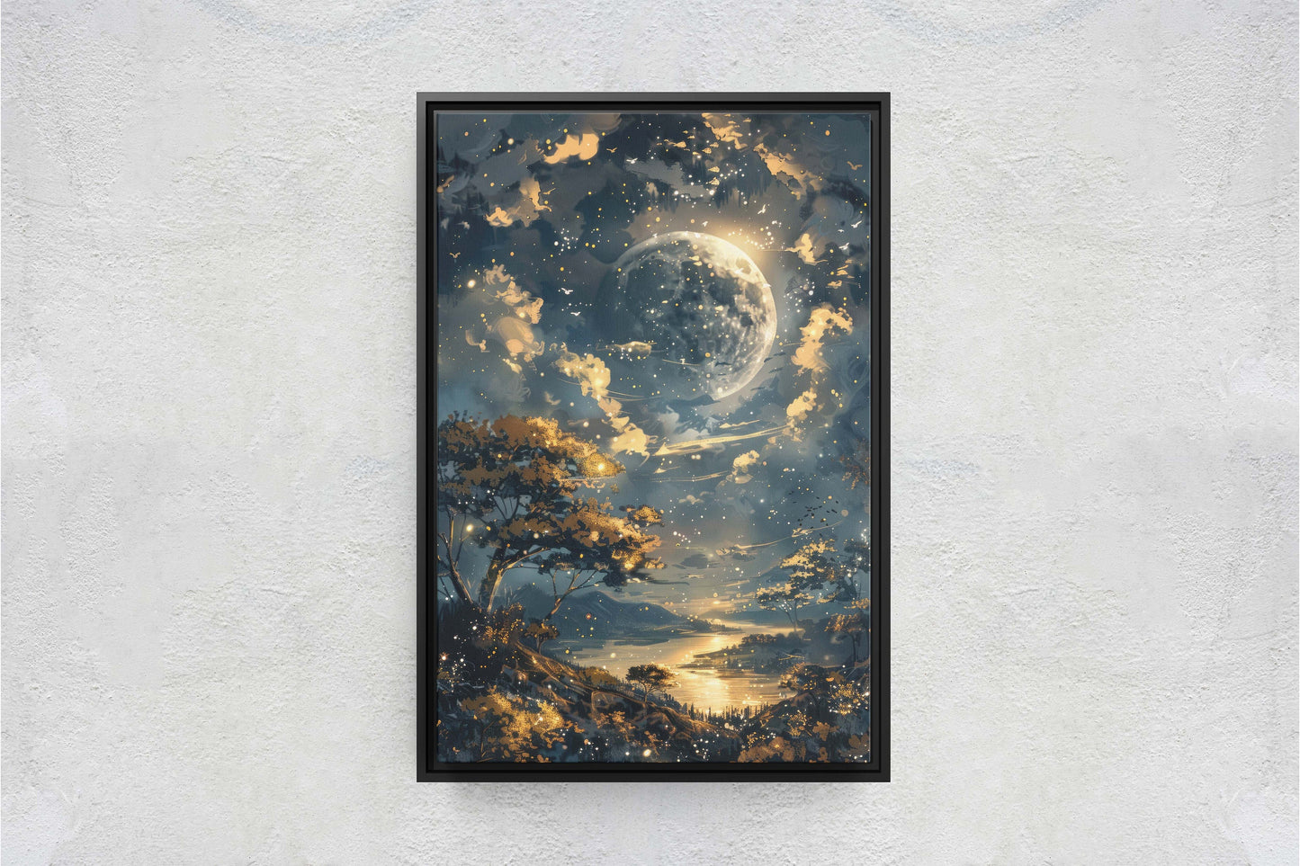 Full Moon, Celestial Painting, Night Sky, Golden Glow, Majestic Landscape, Framed Canvas, Large Art Print