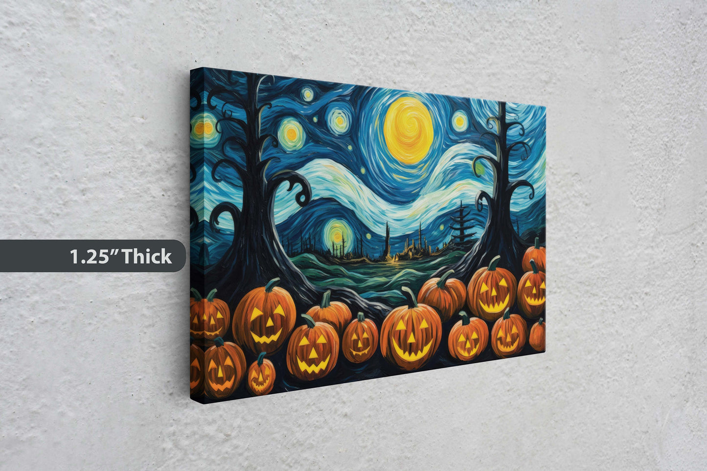 Pumpkin Patch On Canvas, Starry Night Pumpkins, Jack-O-Lantern, Van Gogh, Spooky Art, Fun Halloween, Kid Friendly, Framed Canvas