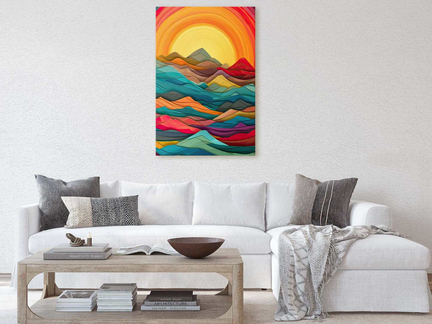 Sunshine Mountain on Canvas, Sunset Decor, Flat Art, Vibrant Color, Bold Art, Vertical, Abstract, Mid Century Modern, Scandinavian Print