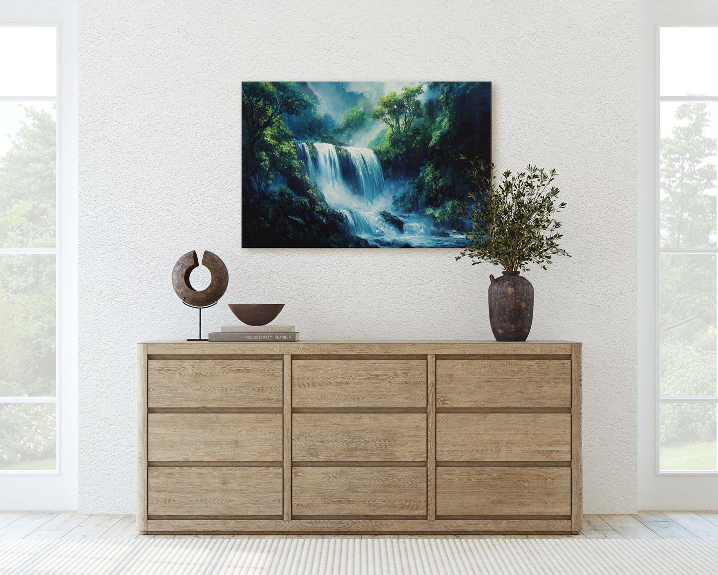 Waterfall Painting, Nature painting, Rushing waterfall, Mountain River, Mountain Lake