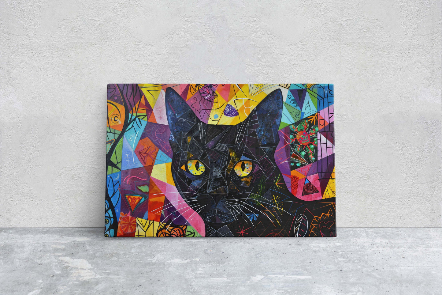 Geometric Cat Art, Whimsical Colorful, Abstract Cat, Pop Art, Large Art Print, Framed Canvas, Black Cat, Cat Lover, Animal Art