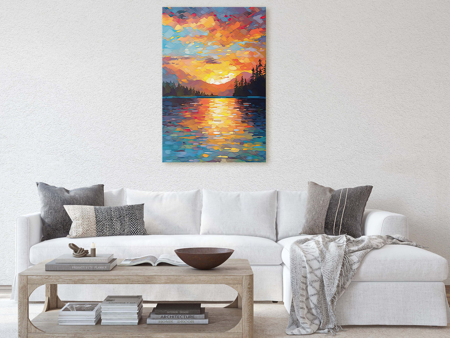 Lake at Sunset, Fauvist Color, Calm Water, Chromatic, Impressionist Art, Landscape Decor, Nature Painting, Ready to Hang, Canvas Print
