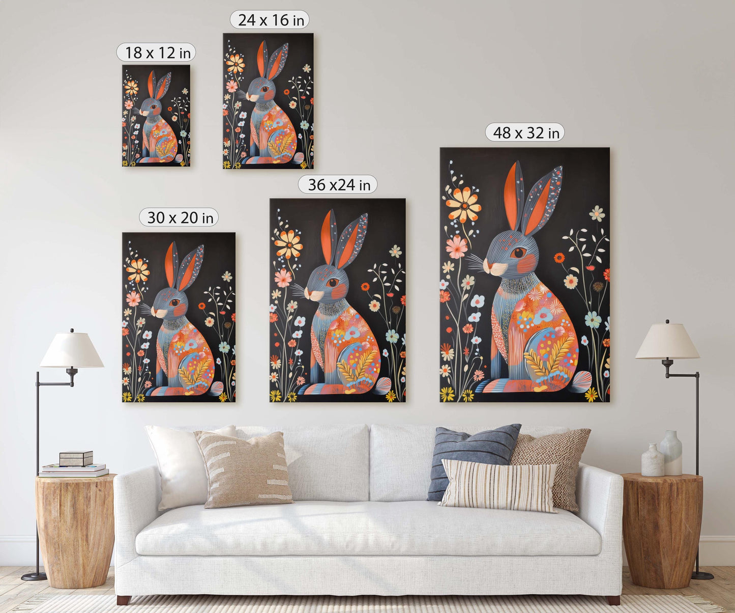 Scandinavian Rabbit, Folk Art, Celestial Art, Framed Canvas, Dark Print, Nature Print, Whimsical