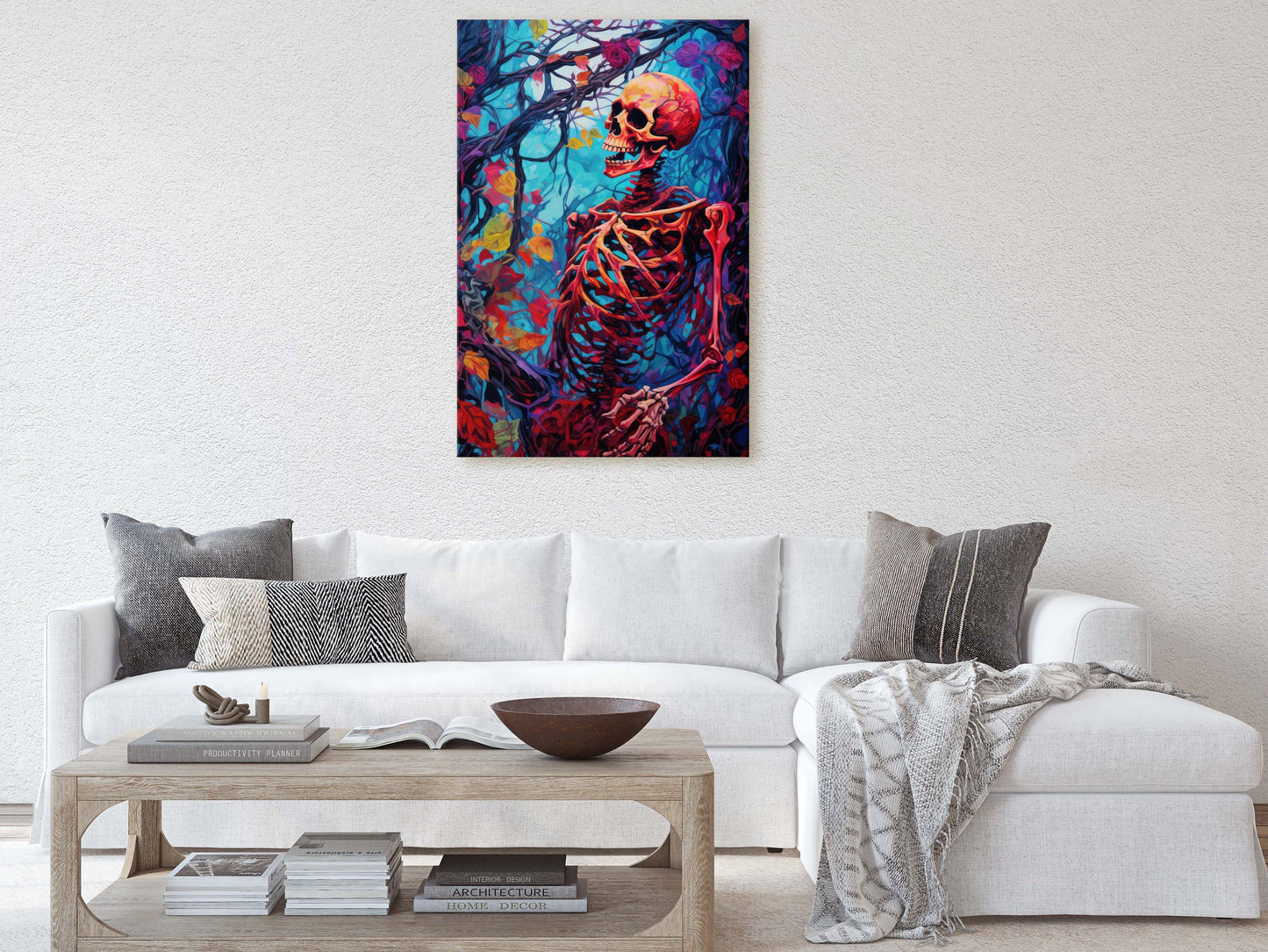 Colorful Skeleton, Scary Halloween, Bones Decor, Spooky Art, Gothic Print, Halloween Skeleton