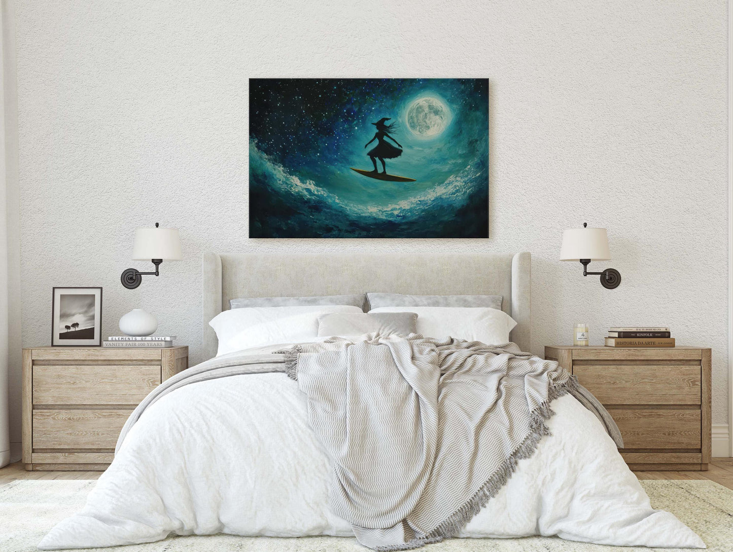 Surfing Witch, Whimsical Halloween, Full Moon, Flying Witch, Gothic Art, Fun Halloween, Whimsy, Funny Art