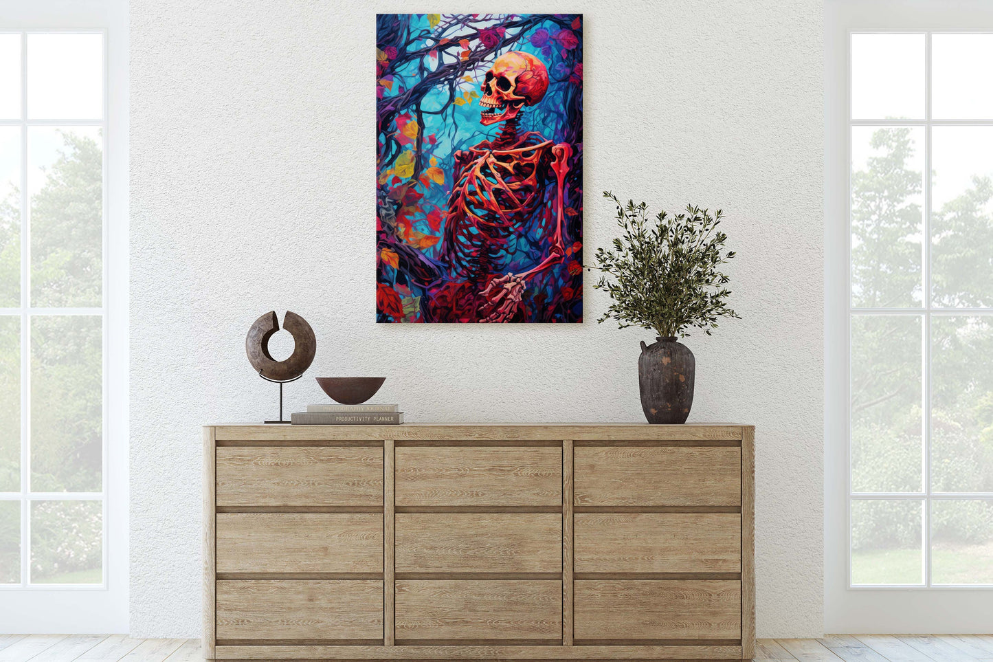 Colorful Skeleton, Scary Halloween, Bones Decor, Spooky Art, Gothic Print, Halloween Skeleton